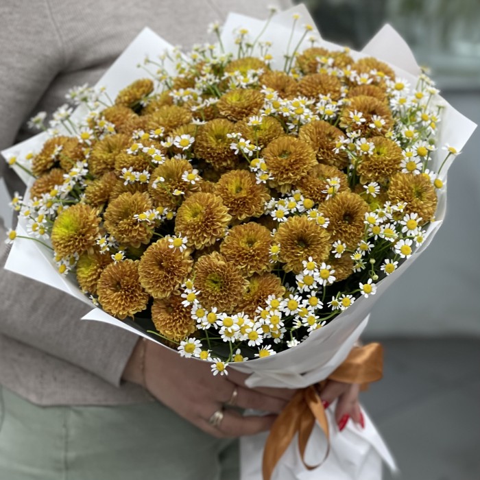 21 оранжевая хризантема Дориа Оранж с ромашкой